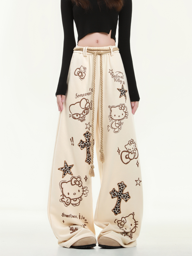 HK Wide Leg Sweatpants for Women – Hello Kitty Print Loose Fit Casual Pants, Autumn Straight Leg Trousers