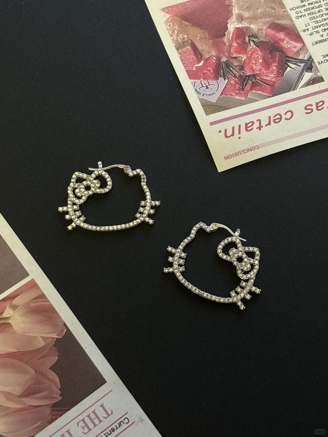 HK Zircon Hoop Earrings – Shiny Metal Kitty-Inspired Hoops with Sparkling CZ Stones 01250711