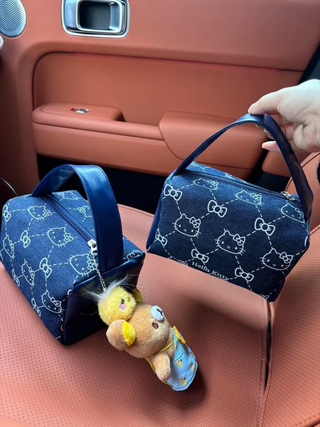 Cute Denim KT Print Tote Bag for Women - Large Capacity Makeup & Toiletry Organizer with Adjustable Strap 01250304