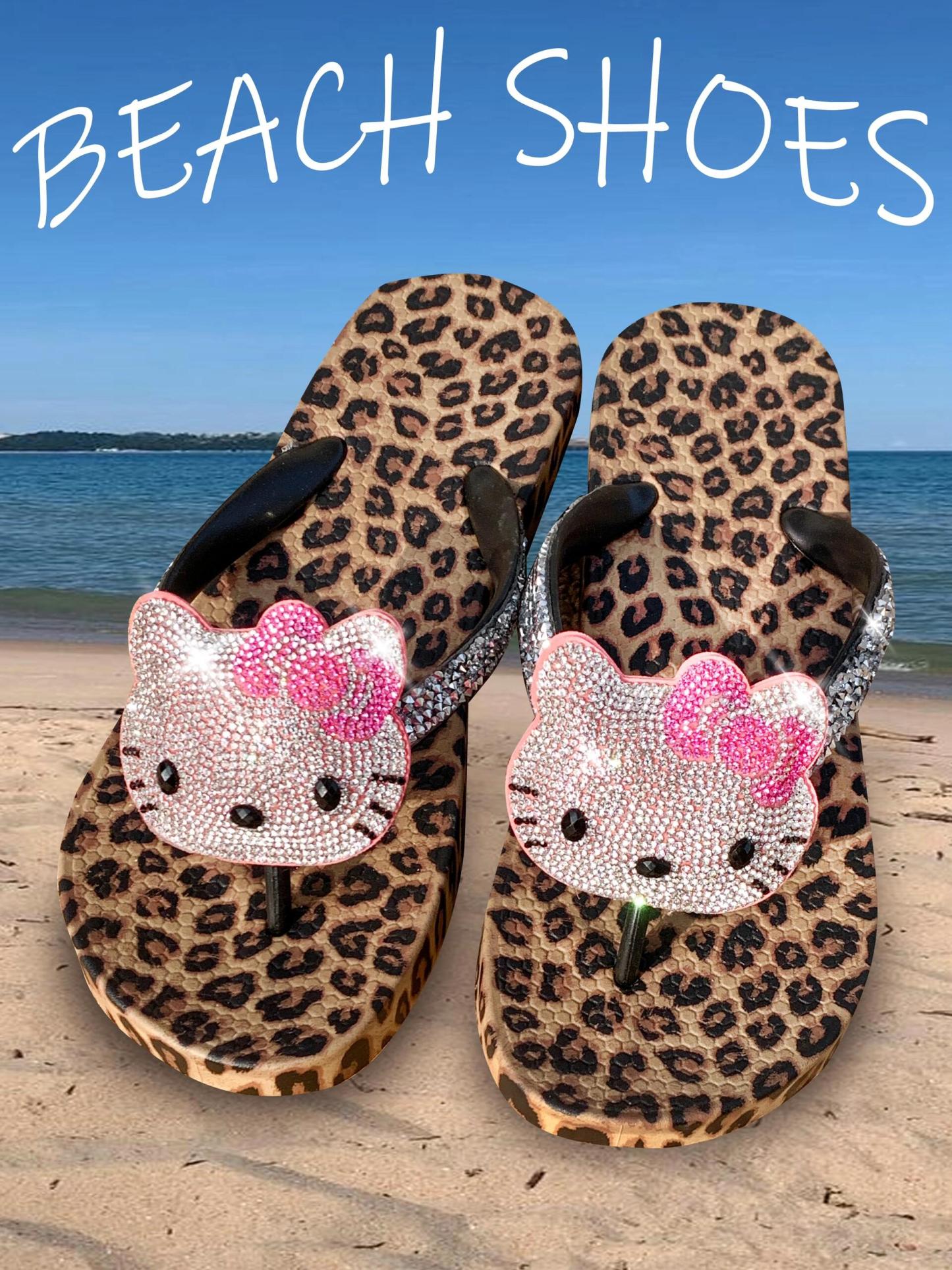 HK Leopard Print Flip Flops - Rhinestone Bedazzled Beach Sandals for Summer, Kawaii Toe Slides