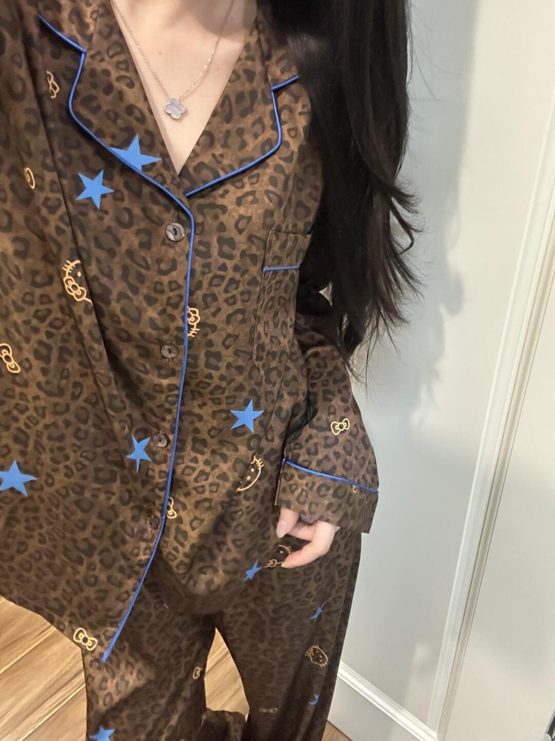 Blue Star Leopard HK Satin Pajama Set – Soft Silky Sleepwear for Women, Loungewear with Kawaii Kitty Design, Sizes M-XL 02250814