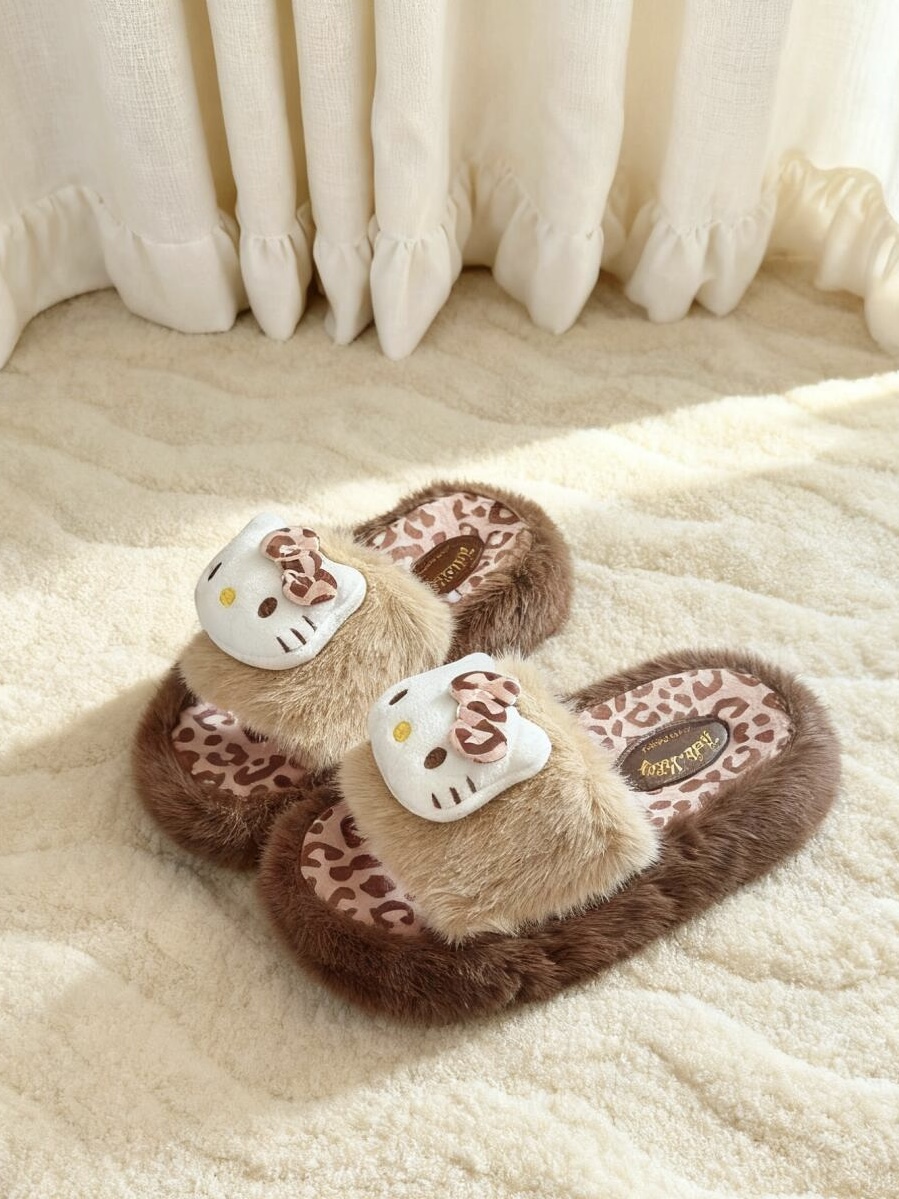 HK Leopard Plush Slippers, Cute Fuzzy Winter Slides, Warm Indoor House Shoes for Women, Cozy Leopard Kitty Gift 01251014
