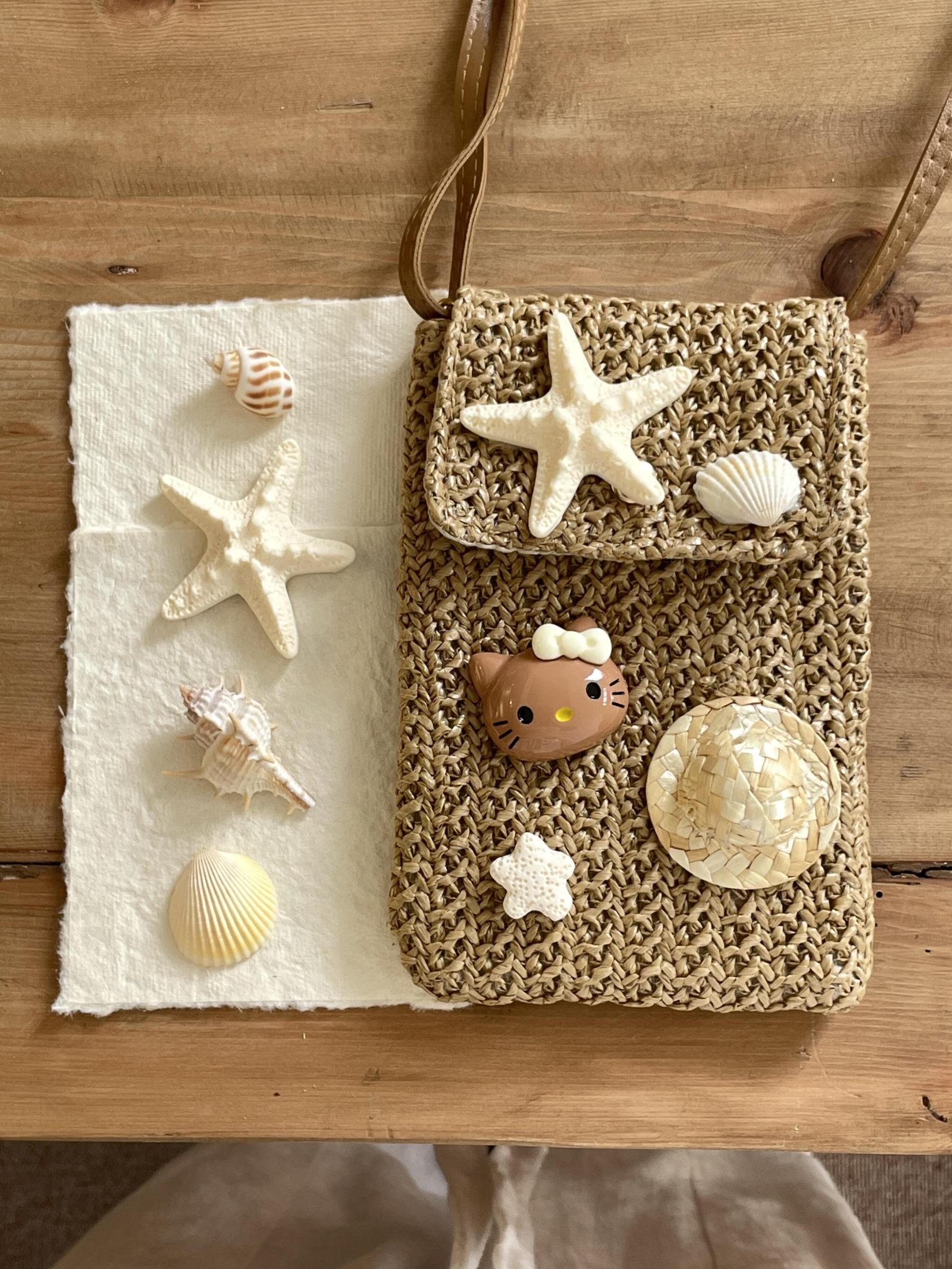 HK Handmade Straw Crossbody Bag - Adjustable Beach Vacation Phone Purse with Shell & Starfish Decor 01250529