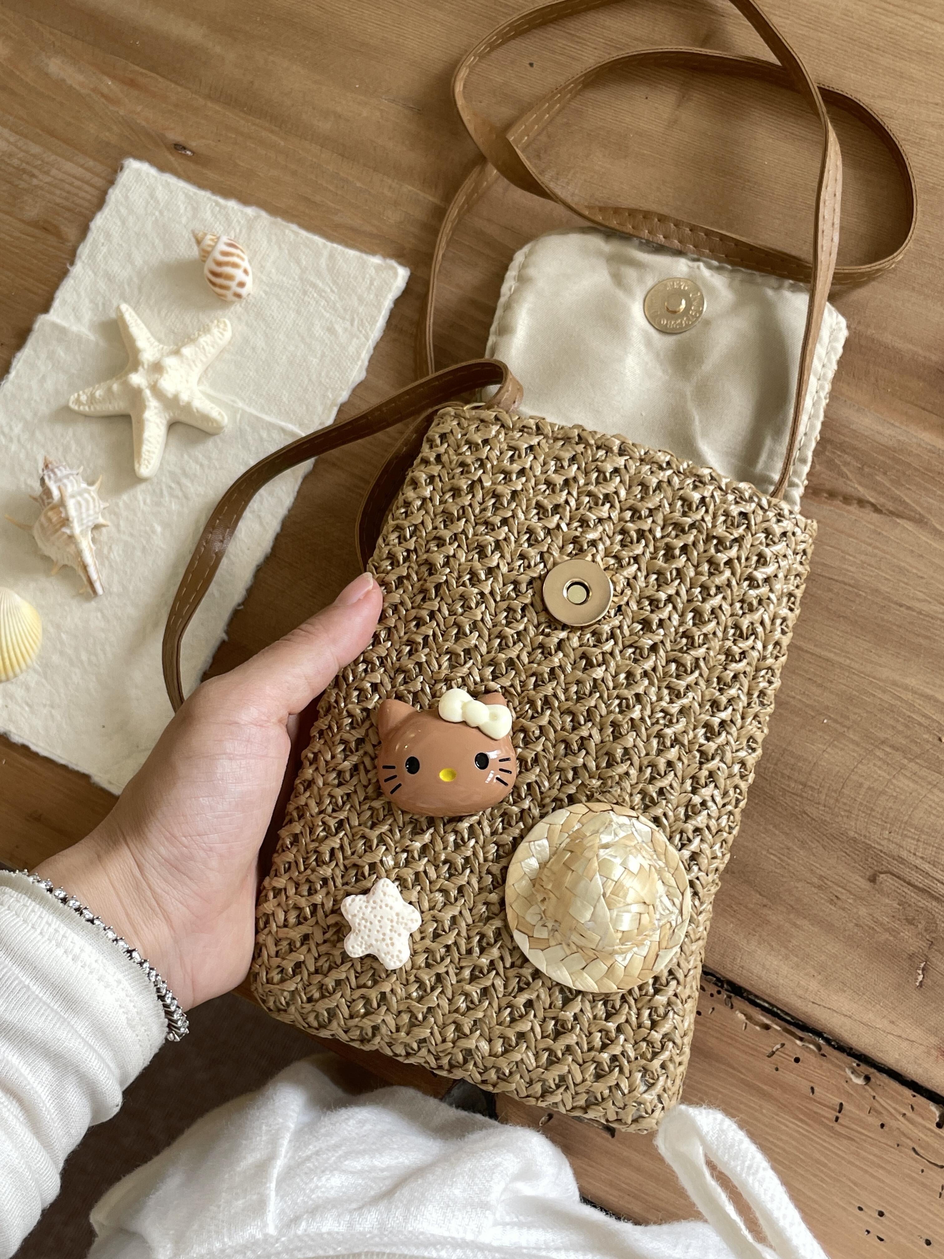 HK Handmade Straw Crossbody Bag - Adjustable Beach Vacation Phone Purse with Shell & Starfish Decor 01250529
