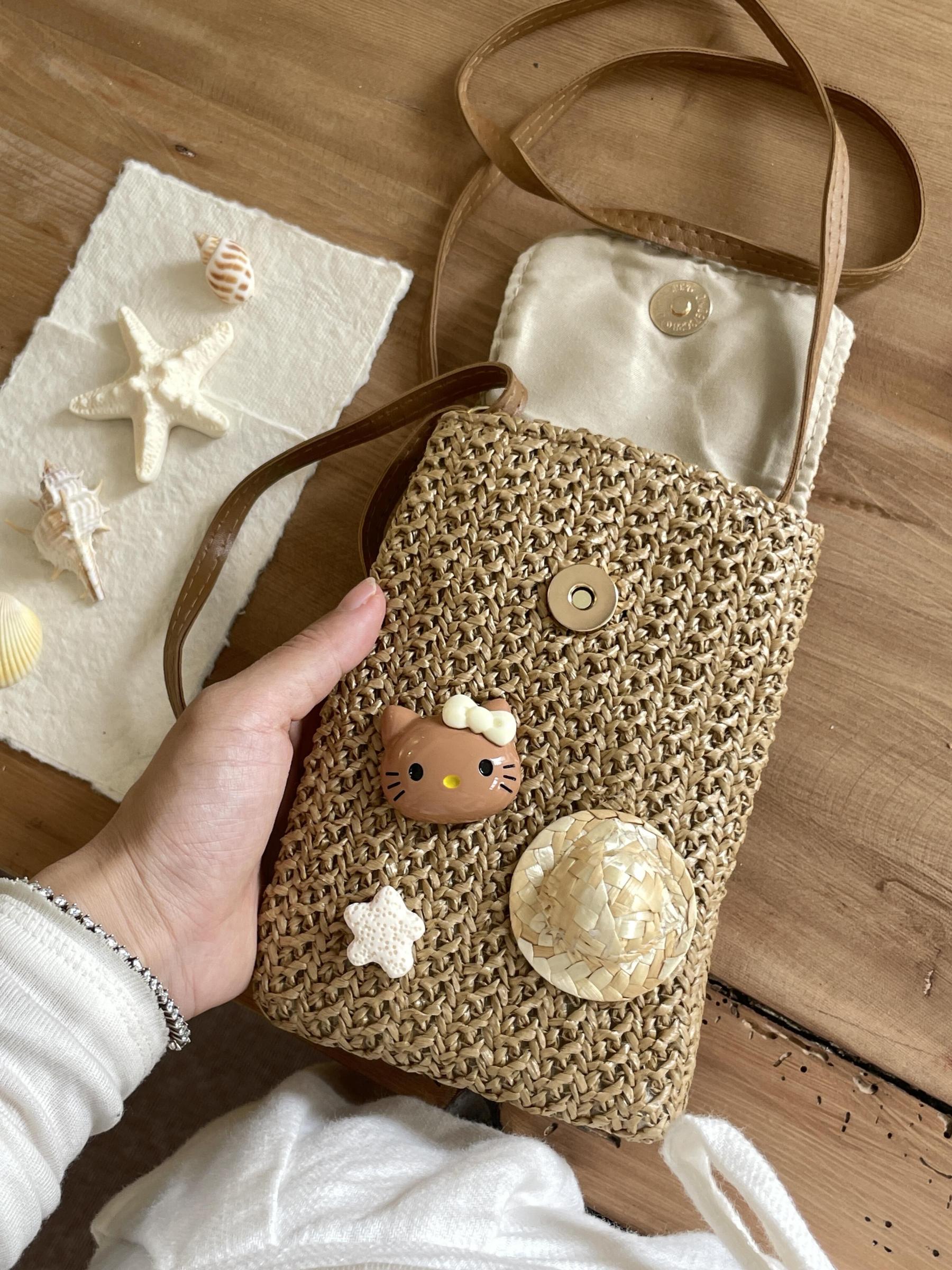 HK Handmade Straw Crossbody Bag - Adjustable Beach Vacation Phone Purse with Shell & Starfish Decor 01250529