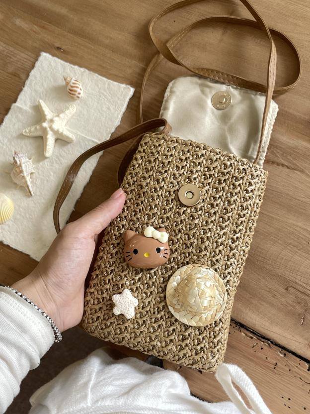 HK Handmade Straw Crossbody Bag - Adjustable Beach Vacation Phone Purse with Shell & Starfish Decor 01250529