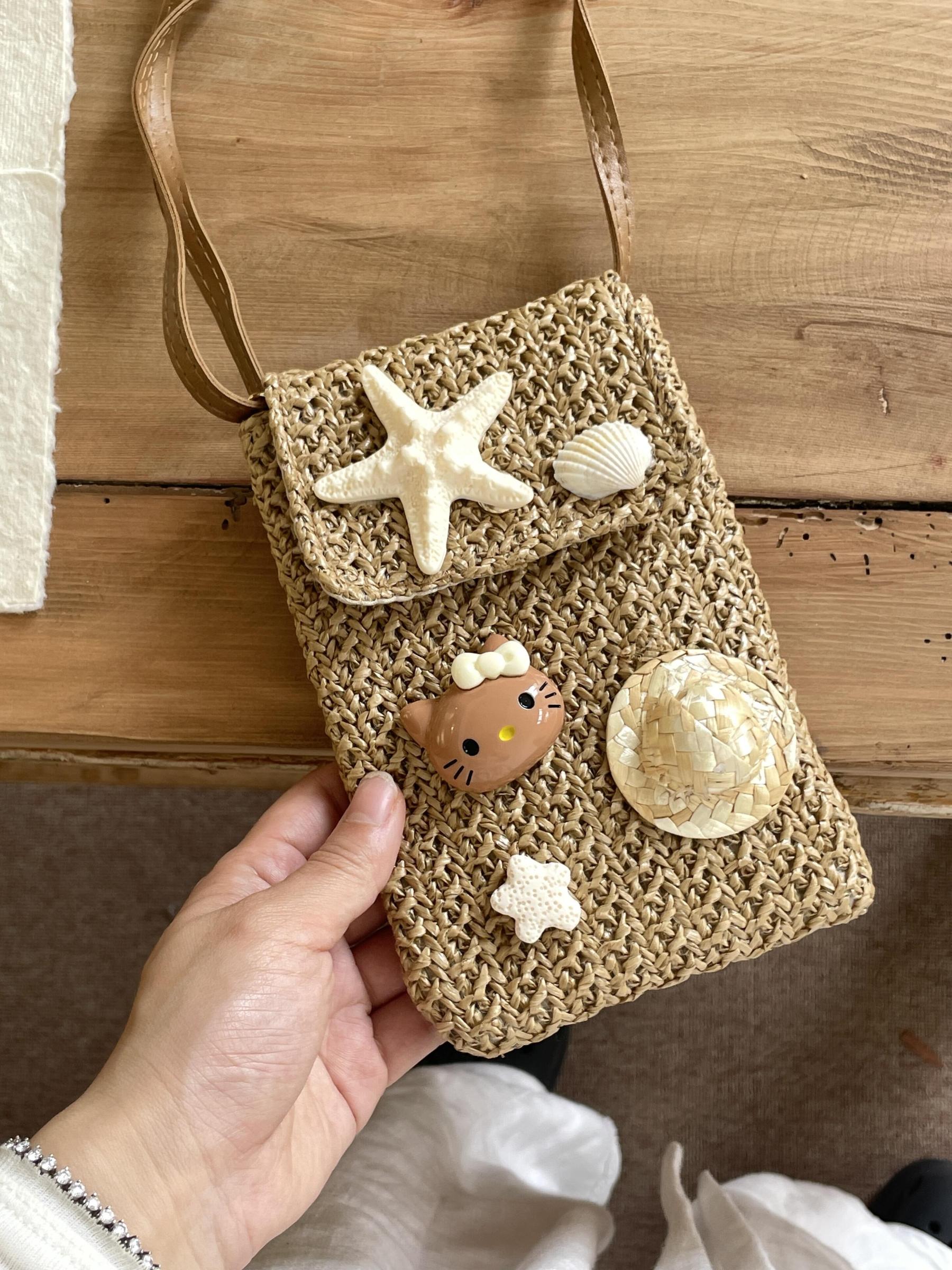 HK Handmade Straw Crossbody Bag - Adjustable Beach Vacation Phone Purse with Shell & Starfish Decor 01250529