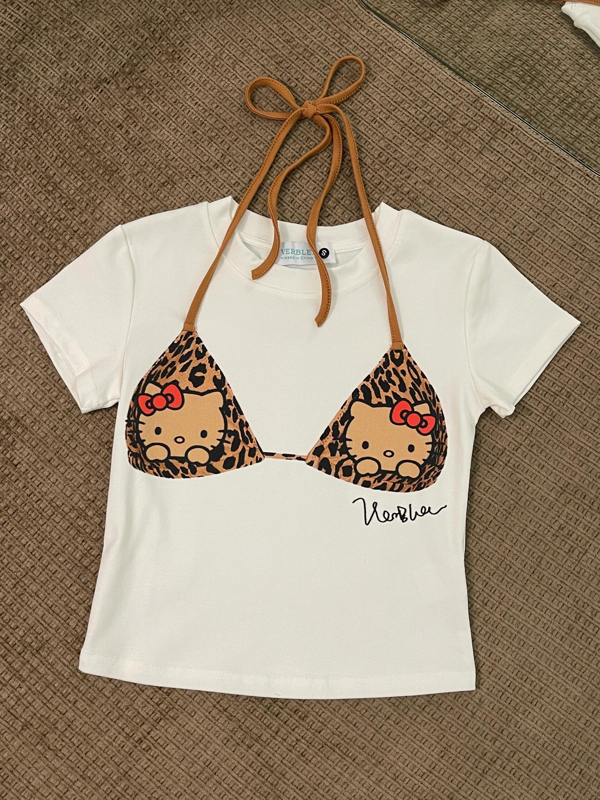 Retro Leopard Print HK Tee - Vintage Short Sleeve Women's Top with Sizing Chart 01250605