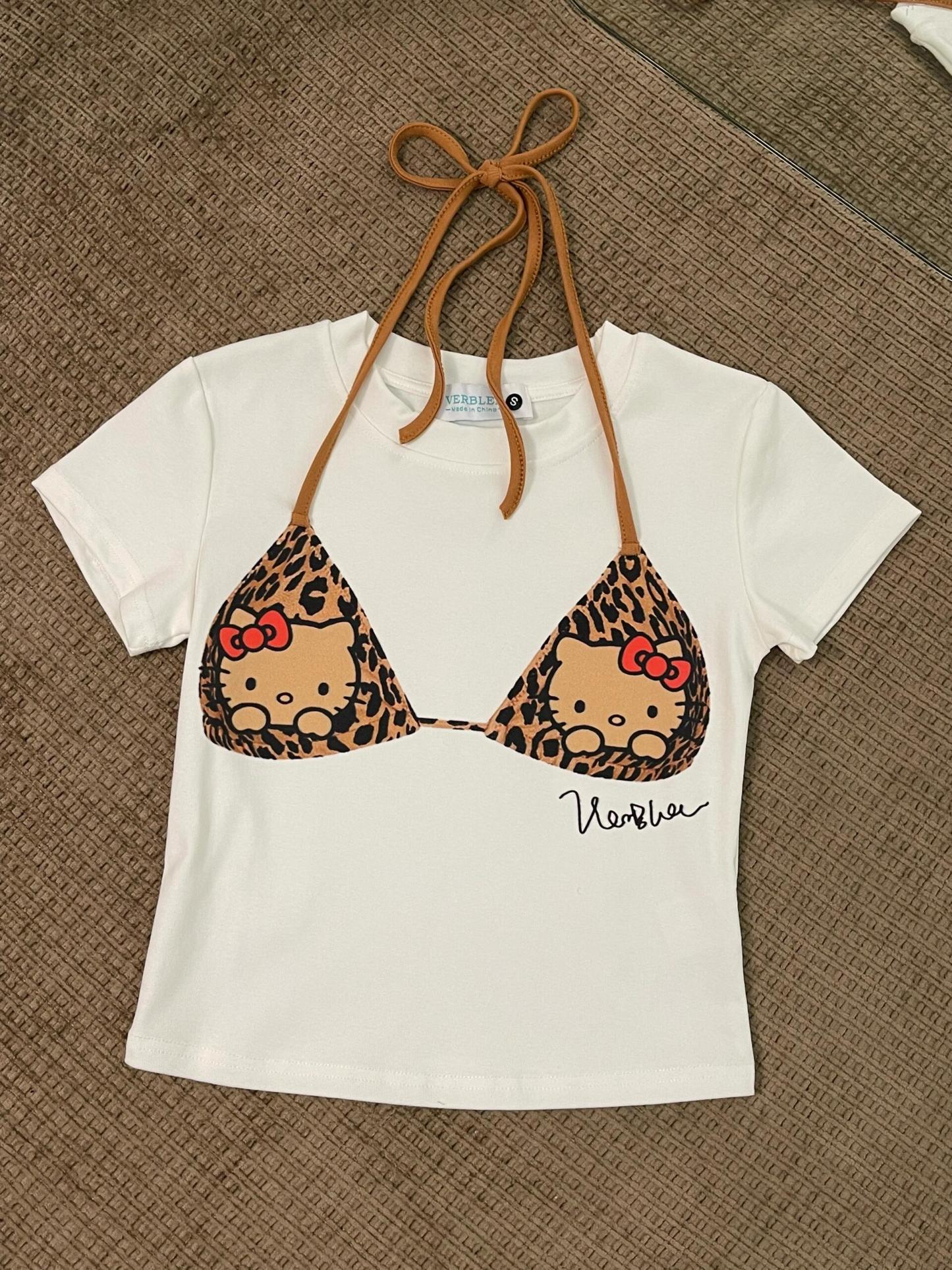 Retro Leopard Print HK Tee - Vintage Short Sleeve Women's Top with Sizing Chart 01250605