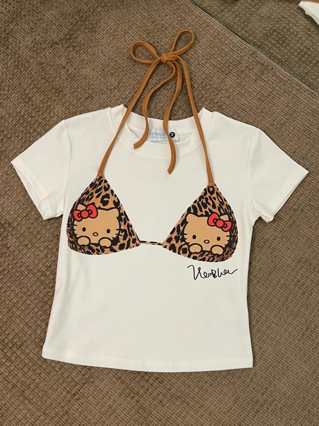 Retro Leopard Print HK Tee - Vintage Short Sleeve Women's Top with Sizing Chart 01250605