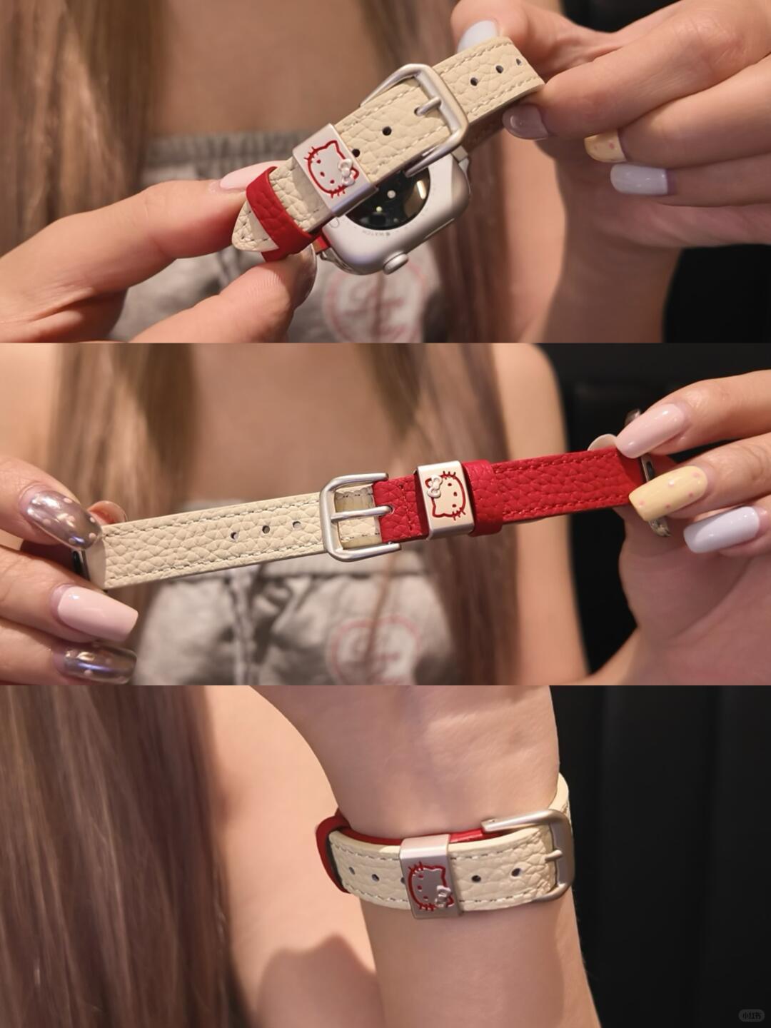 HK Red & Off-White Leather Apple Watch Strap 01251026, Cute Colorblock Band for Women, Soft Genuine Leather Watch Band, Kawaii Apple Watch Accessories