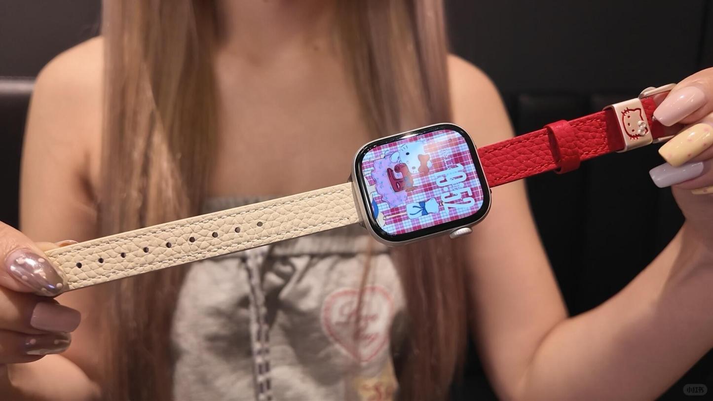 HK Red & Off-White Leather Apple Watch Strap 01251026, Cute Colorblock Band for Women, Soft Genuine Leather Watch Band, Kawaii Apple Watch Accessories