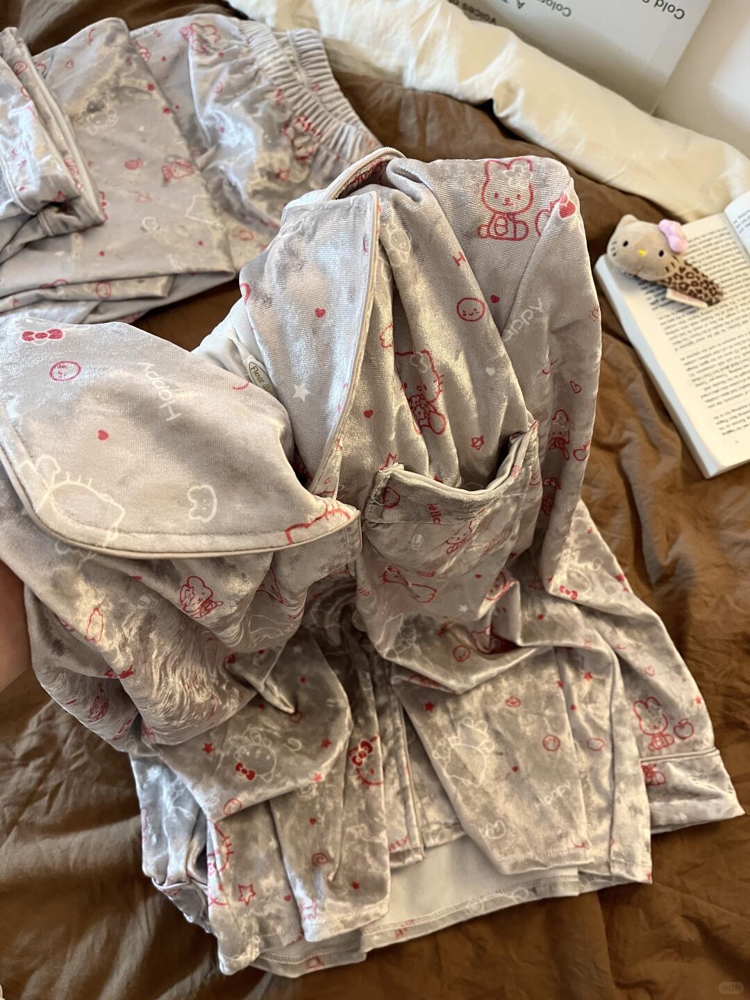 HK Silver Velvet Cartoon Print Pajama Set 01251122, Cute Long Sleeve Cardigan and Pants Loungewear, Soft Brushed Winter Sleepwear