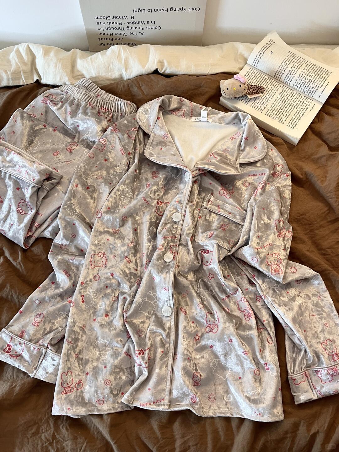 HK Silver Velvet Cartoon Print Pajama Set 01251122, Cute Long Sleeve Cardigan and Pants Loungewear, Soft Brushed Winter Sleepwear