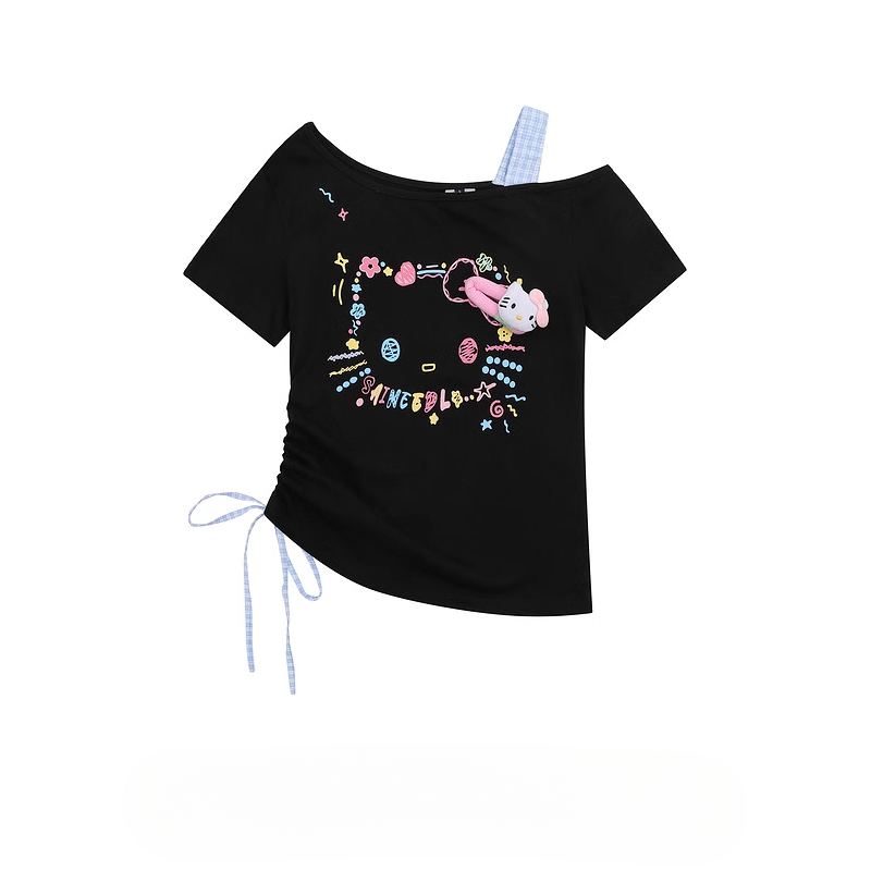 HK Retro Off-Shoulder Tee - Oversized Drawstring Top for Women04250620