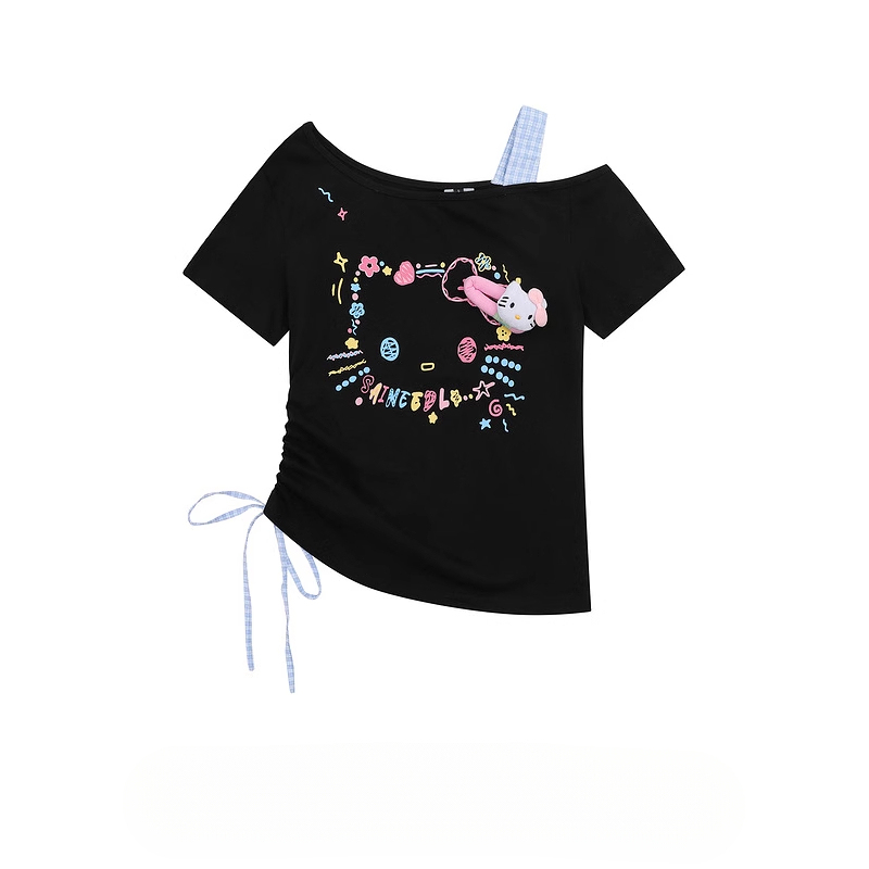 HK Retro Off-Shoulder Tee - Oversized Drawstring Top for Women04250620