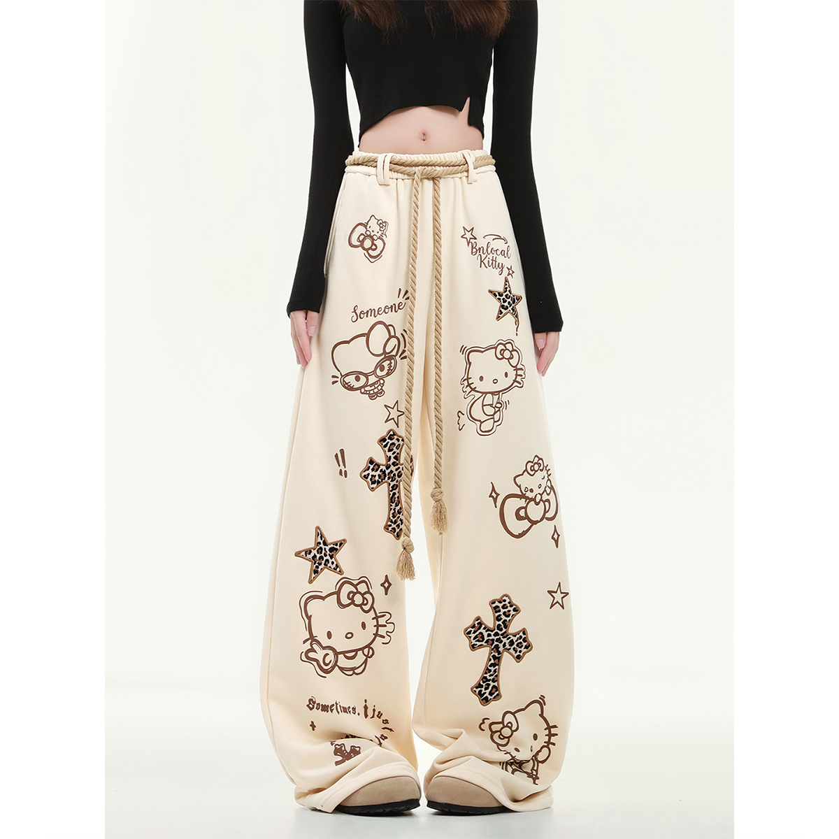 HK Wide Leg Sweatpants for Women – Hello Kitty Print Loose Fit Casual Pants, Autumn Straight Leg Trousers