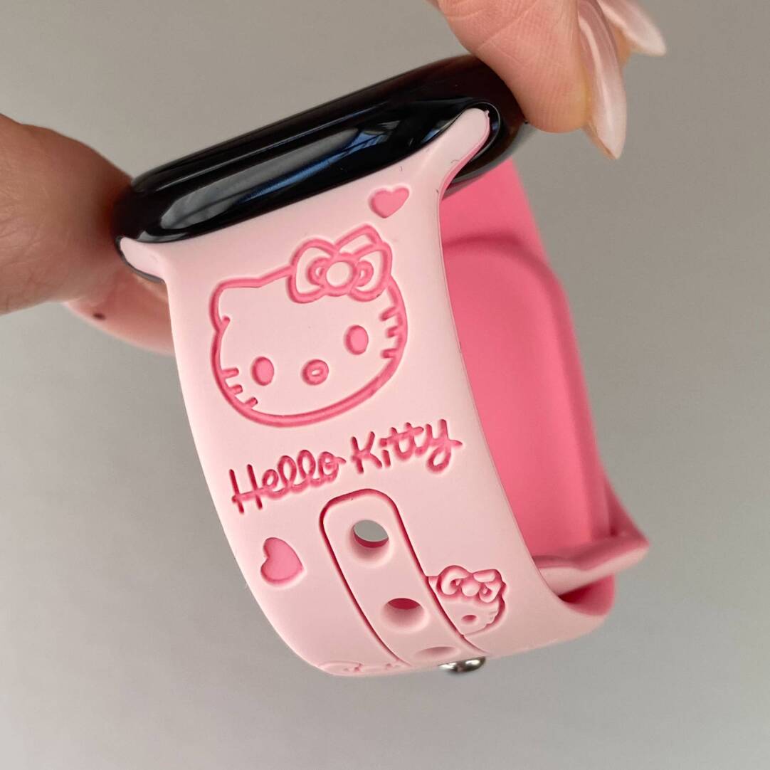 HK Silicone Engraved Watch Band, Cute Hello Kitty Carved Strap for Apple Watch SE/7/8/9/10