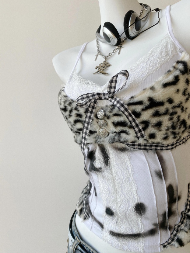 HK Y2K Subculture Remake Leopard Plush Kitty Tank Top