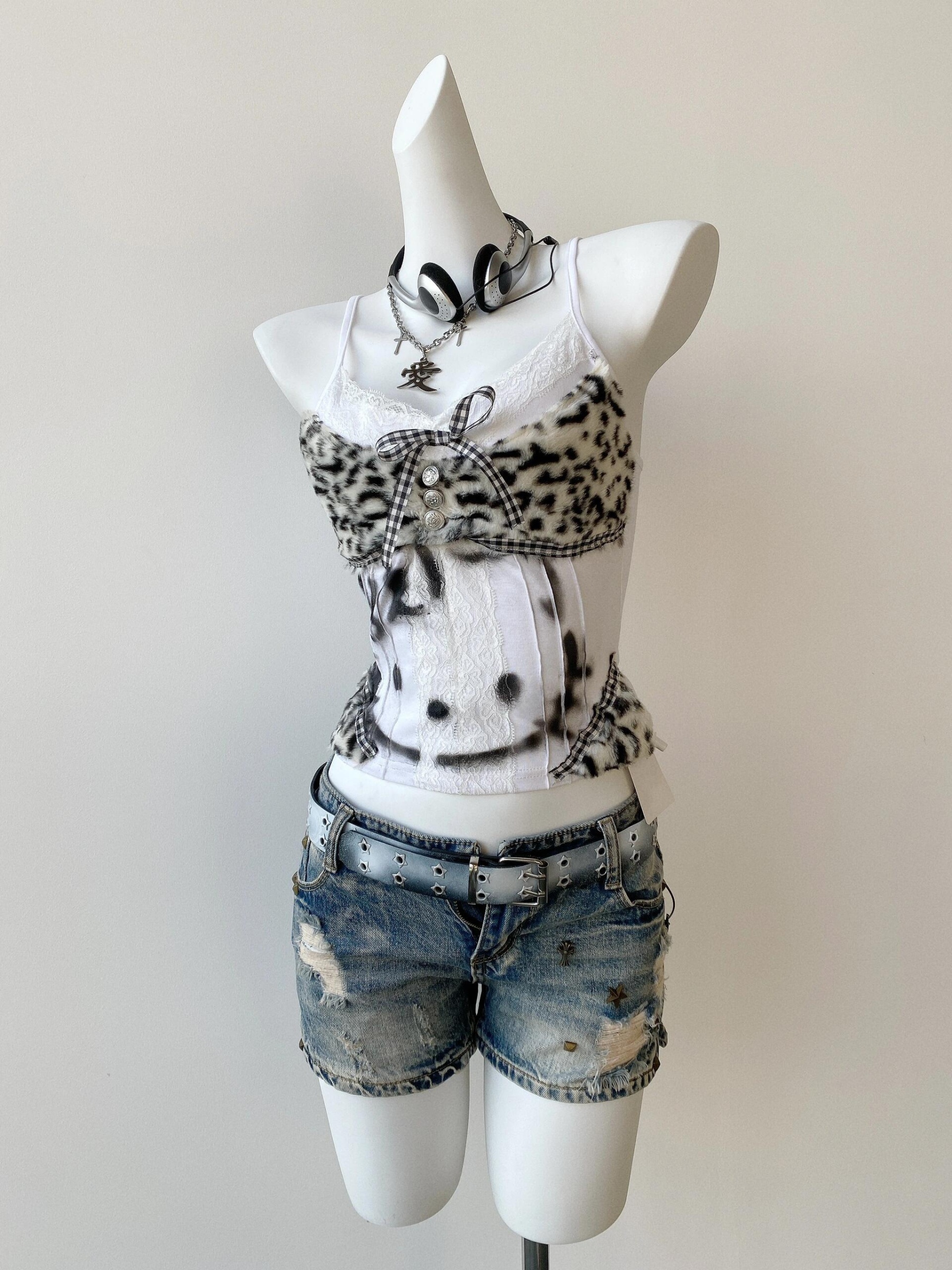 HK Y2K Subculture Remake Leopard Plush Kitty Tank Top