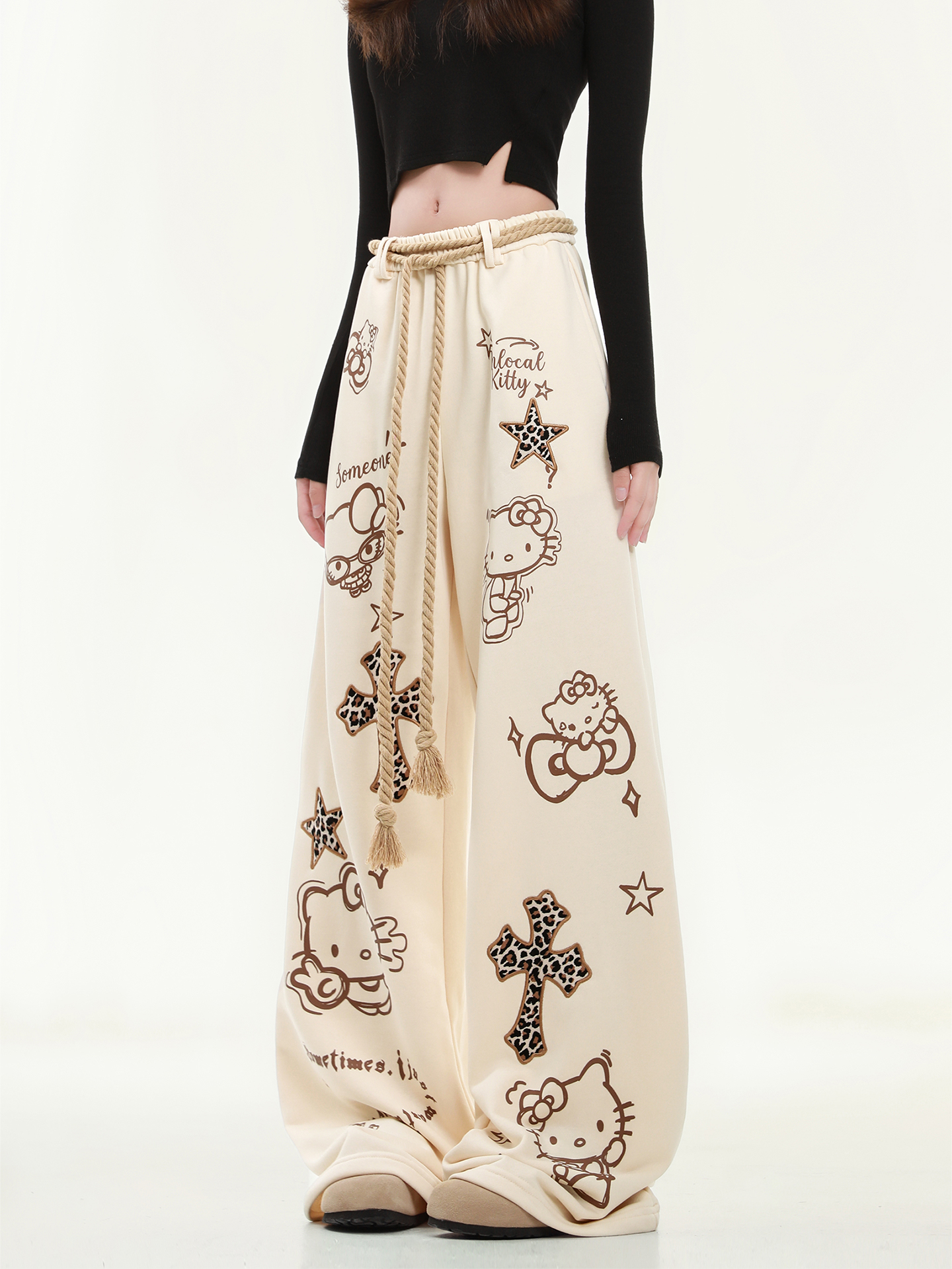 HK Wide Leg Sweatpants for Women – Hello Kitty Print Loose Fit Casual Pants, Autumn Straight Leg Trousers