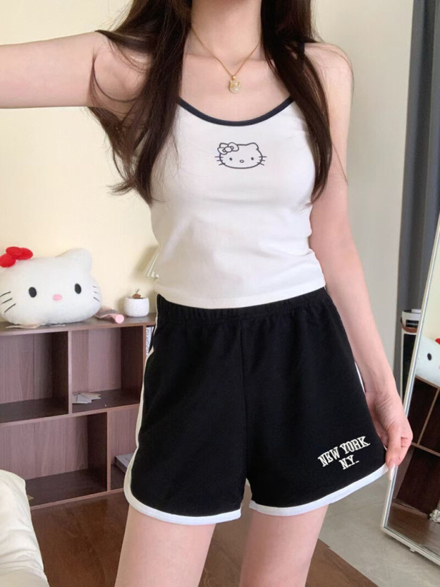 HK Built-in Bra Tank & Shorts Set - Pure Cotton Sleepwear for Girls (M-XL) 01250617