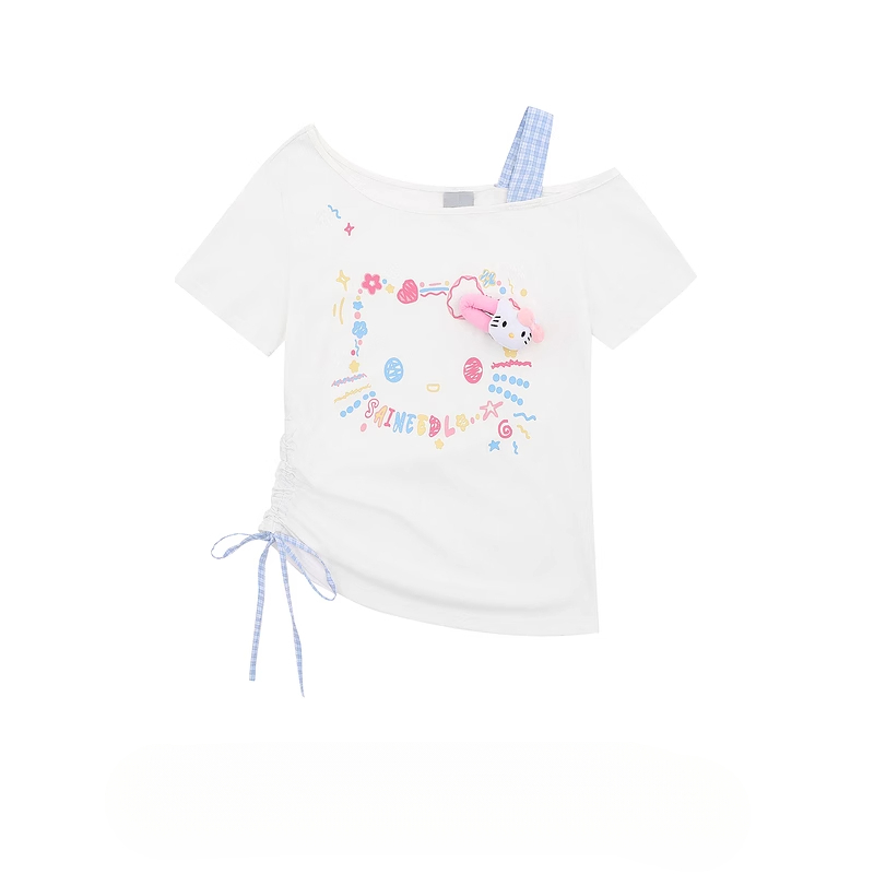 HK Retro Off-Shoulder Tee - Oversized Drawstring Top for Women04250620