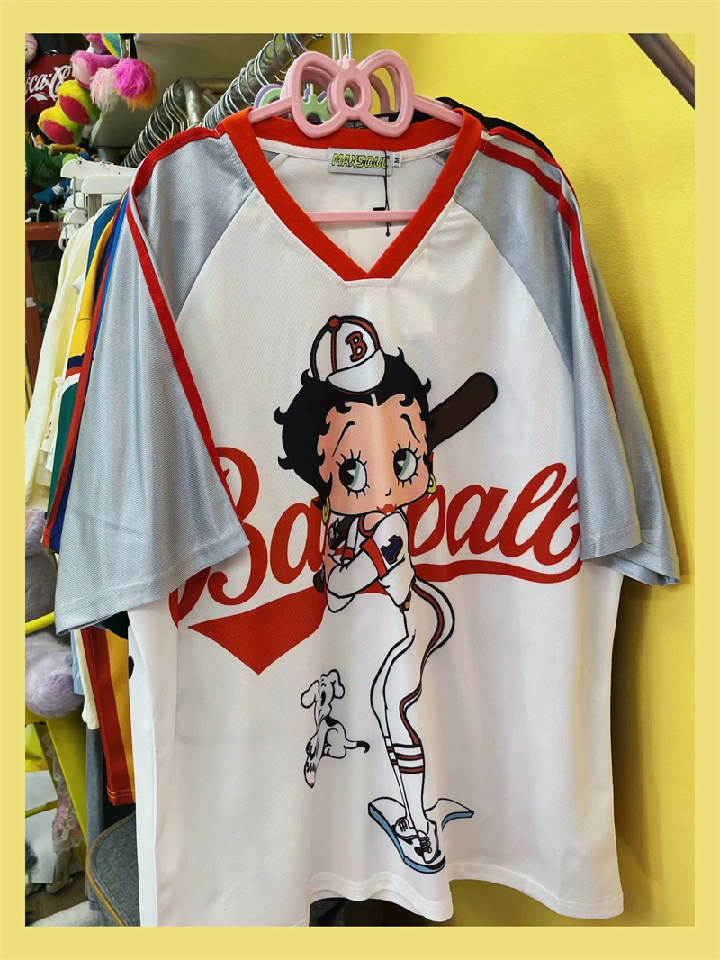 Retro American-style HK Cartoon Patchwork Jersey Loose Short-sleeved T-shirt for Men and Women-cutelalaco