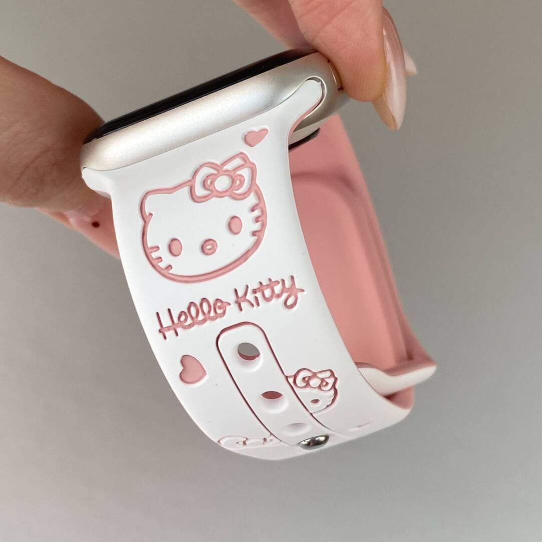 HK Silicone Engraved Watch Band, Cute Hello Kitty Carved Strap for Apple Watch SE/7/8/9/10