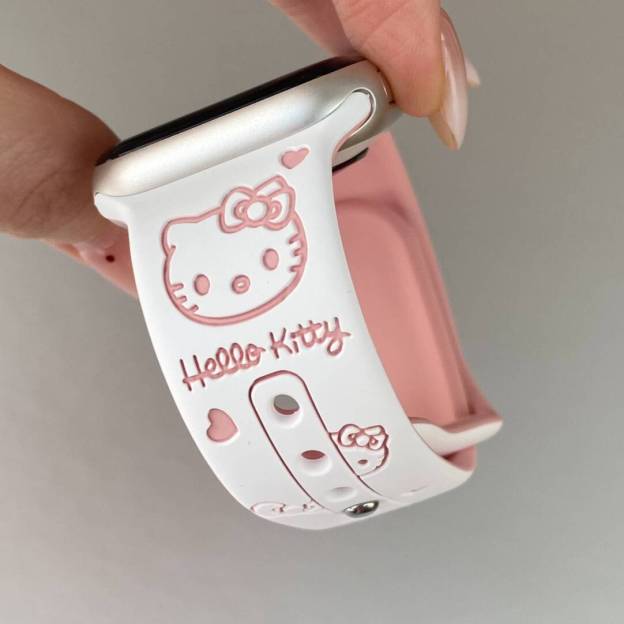 HK Silicone Engraved Watch Band, Cute Hello Kitty Carved Strap for Apple Watch SE/7/8/9/10