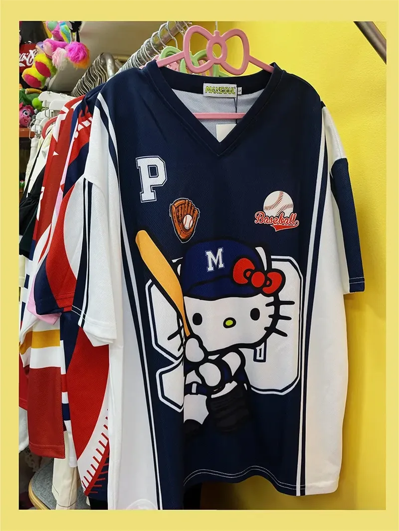 Retro American-style HK Cartoon Patchwork Jersey Loose Short-sleeved T-shirt for Men and Women-cutelalaco