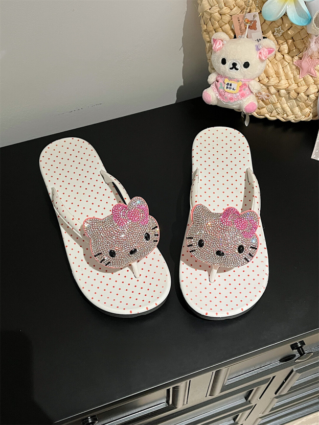 Kung Fu Kitty~ Cute Kitty Cat Flip-Flops for Women Summer New Thick Sole Non-Slip Beach Toe Post Sandals · White Thick Sole Plain 38-39 (Suitable for 37-38)