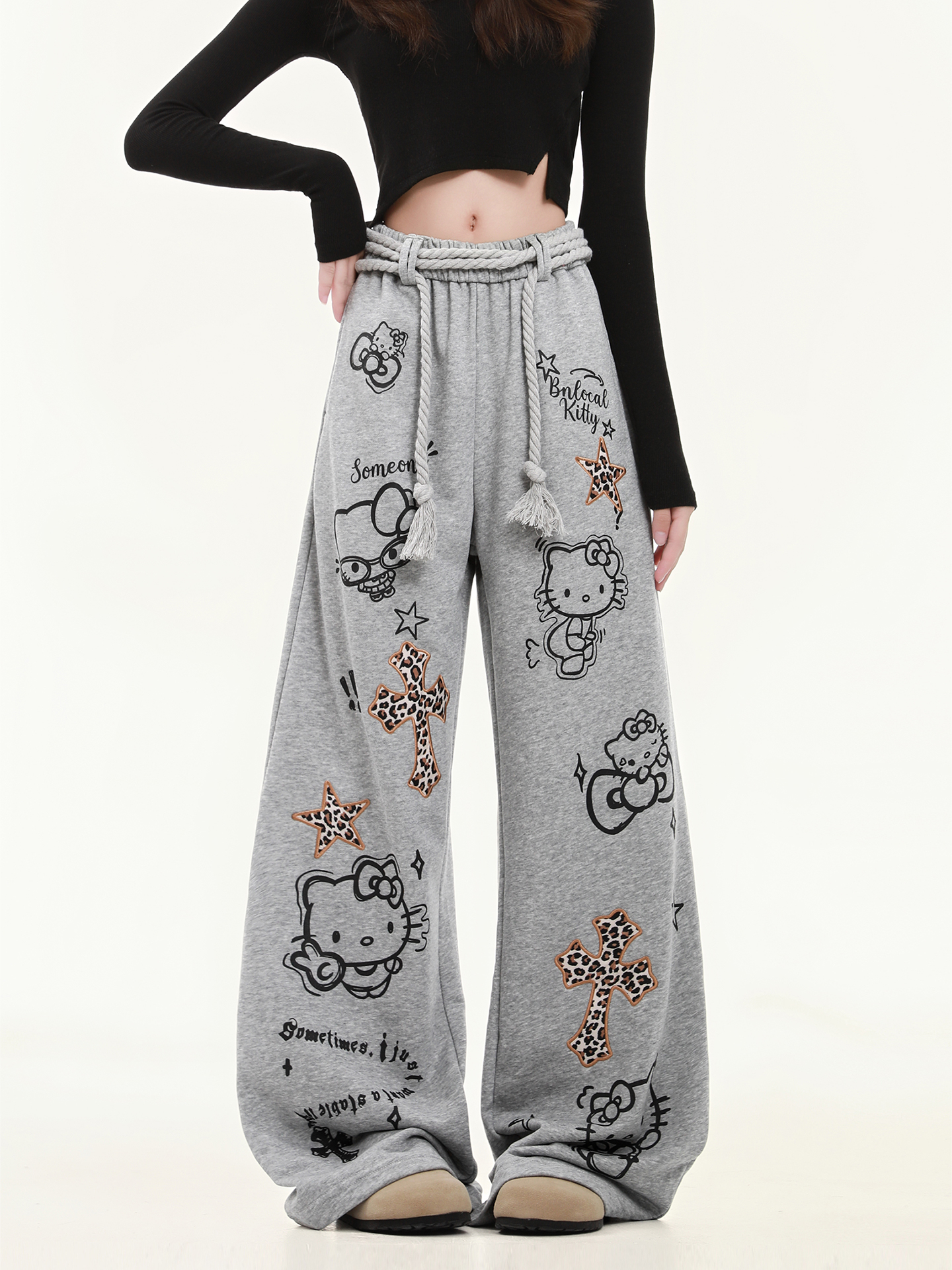 HK Wide Leg Sweatpants for Women – Hello Kitty Print Loose Fit Casual Pants, Autumn Straight Leg Trousers