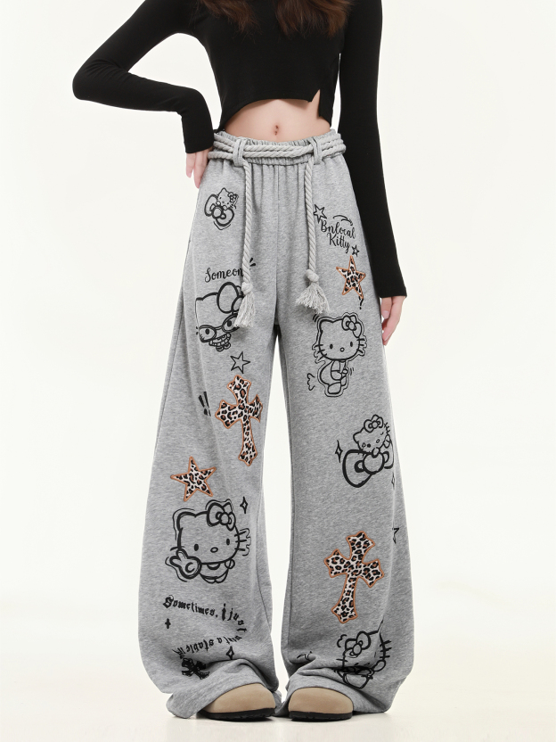 HK Wide Leg Sweatpants for Women – Hello Kitty Print Loose Fit Casual Pants, Autumn Straight Leg Trousers