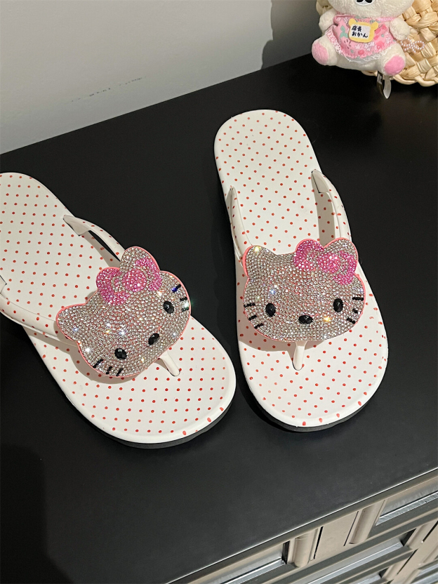 Kung Fu Kitty~ Cute Kitty Cat Flip-Flops for Women Summer New Thick Sole Non-Slip Beach Toe Post Sandals · White Thick Sole Plain 38-39 (Suitable for 37-38)