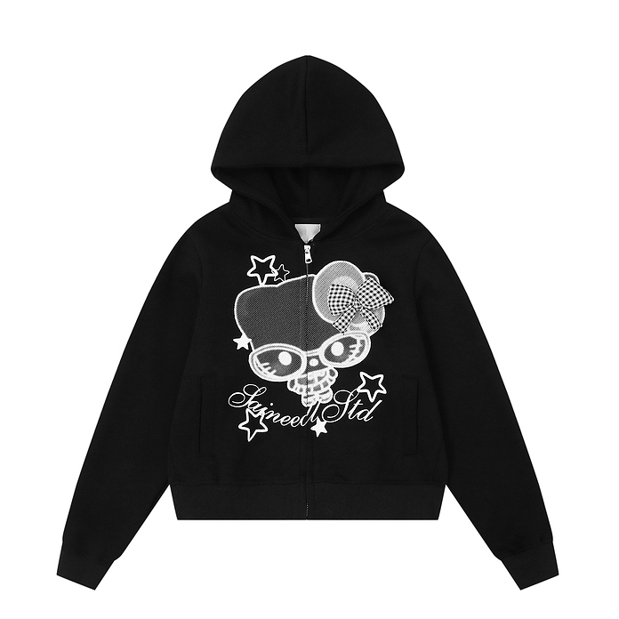HK Cartoon Bow Hoodie Jacket for Women – Cute Kitty Print Zip Up Sweatshirt, Casual Y2K Short Coat, Fall Fashion 01250819