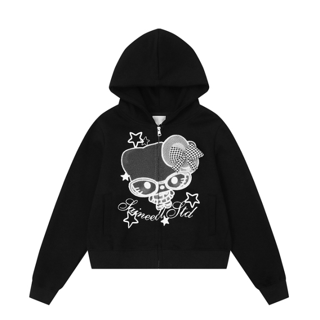 HK Cartoon Bow Hoodie Jacket for Women – Cute Kitty Print Zip Up Sweatshirt, Casual Y2K Short Coat, Fall Fashion 01250819