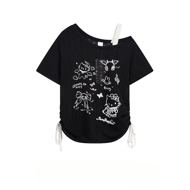 HK Off-Shoulder Crop Top - Drawstring Waist Summer Tee for Women 03250620