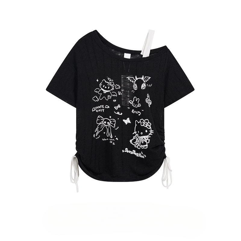 HK Off-Shoulder Crop Top - Drawstring Waist Summer Tee for Women 03250620