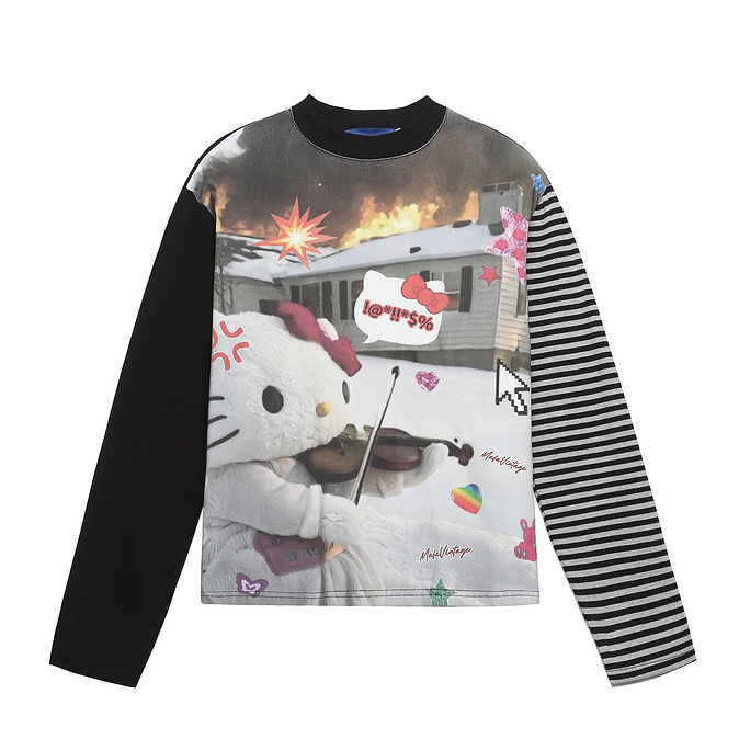 HK Striped Long Sleeve T-Shirt for Women – Cute Kitty Print Cropped Top, Casual Loose Fit Autumn Tee