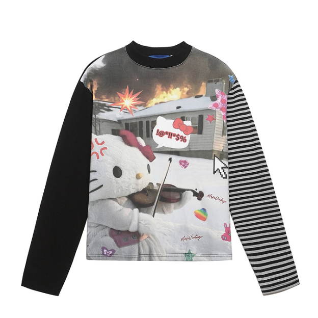 HK Striped Long Sleeve T-Shirt for Women – Cute Kitty Print Cropped Top, Casual Loose Fit Autumn Tee
