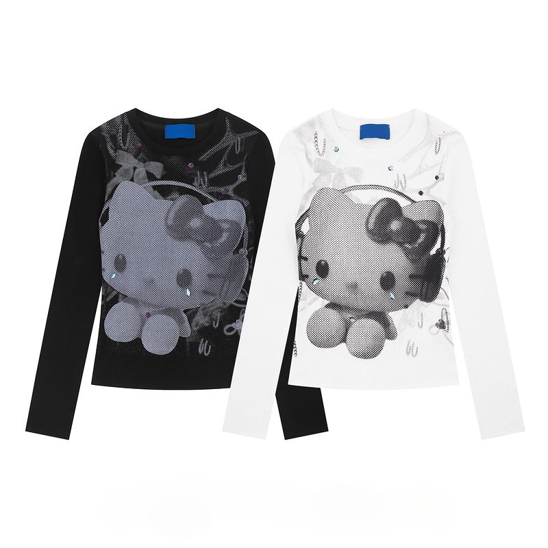 HK Vintage Black Long Sleeve T-Shirt, Y2K Cute Cartoon Kitty Print Short Top for Women Autumn Streetwear 02250821