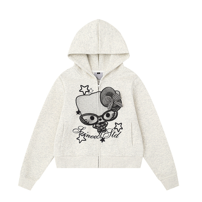 HK Cartoon Bow Hoodie Jacket for Women – Cute Kitty Print Zip Up Sweatshirt, Casual Y2K Short Coat, Fall Fashion 01250819