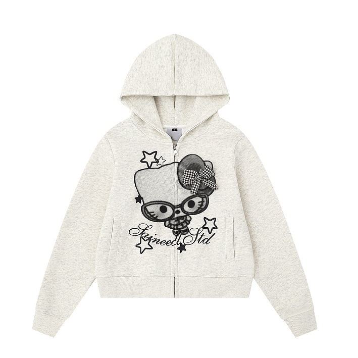 HK Cartoon Bow Hoodie Jacket for Women – Cute Kitty Print Zip Up Sweatshirt, Casual Y2K Short Coat, Fall Fashion 01250819
