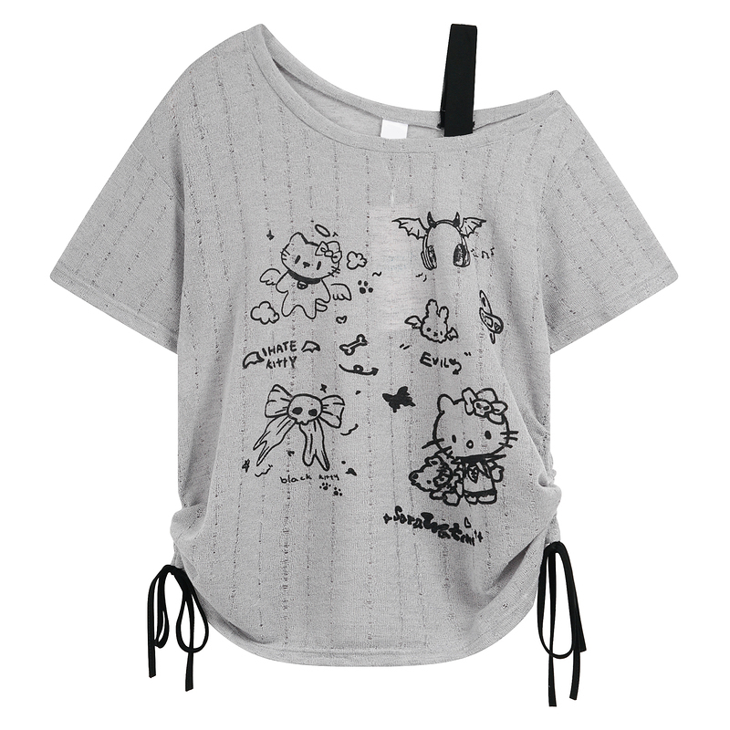 HK Off-Shoulder Crop Top - Drawstring Waist Summer Tee for Women 03250620