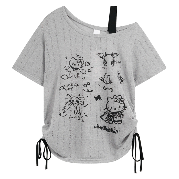 HK Off-Shoulder Crop Top - Drawstring Waist Summer Tee for Women 03250620