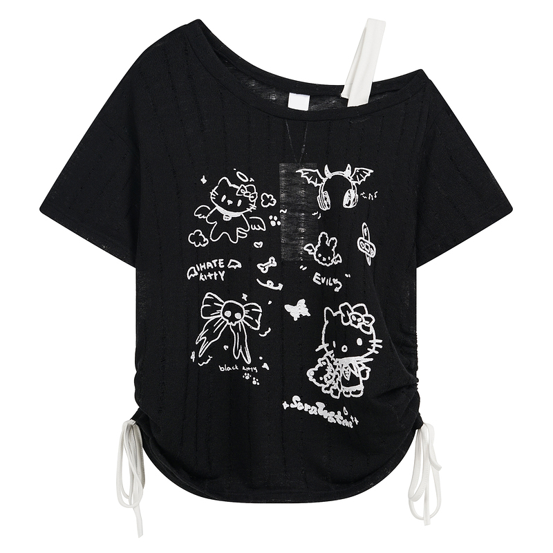 HK Off-Shoulder Crop Top - Drawstring Waist Summer Tee for Women 03250620