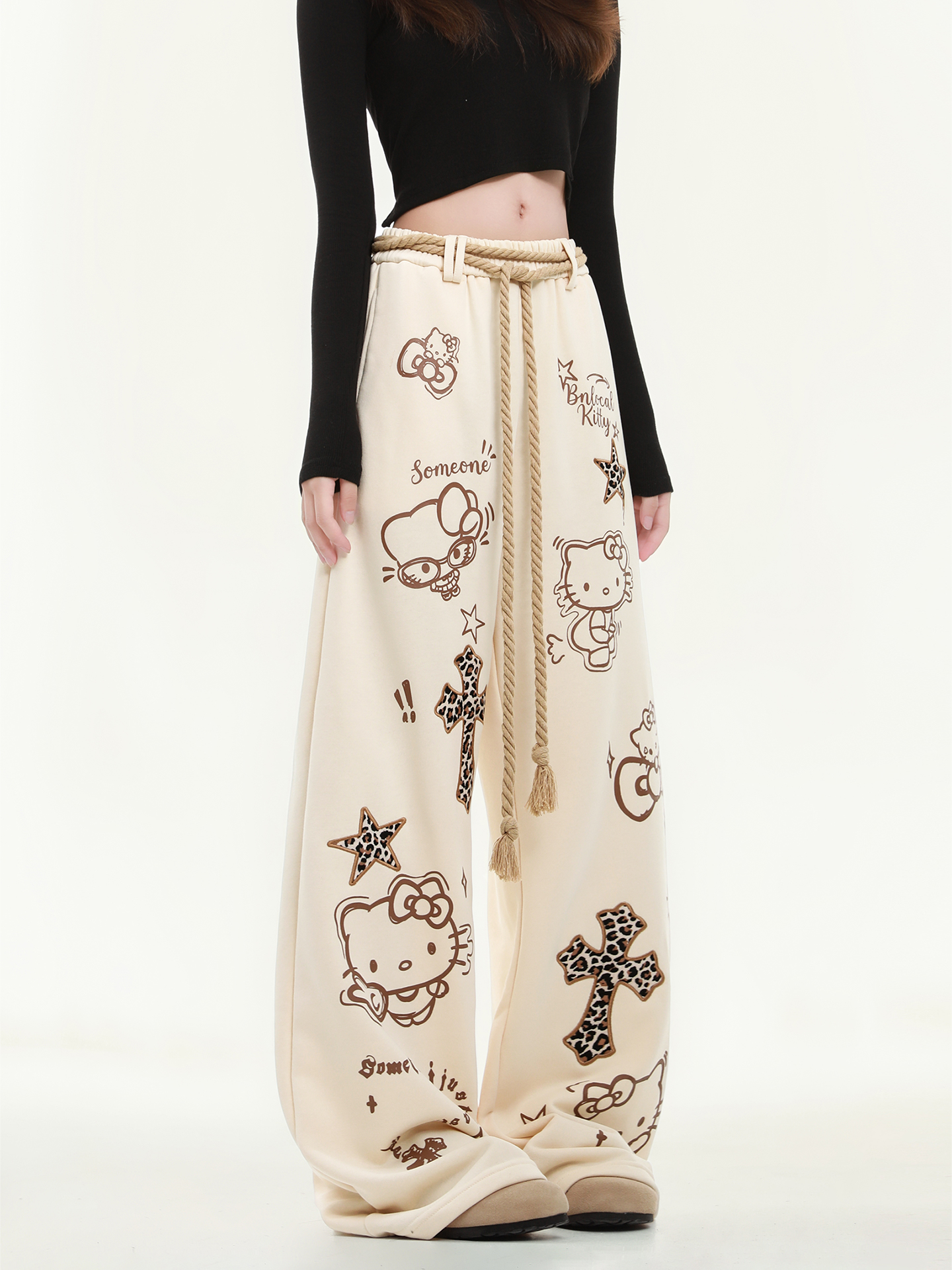HK Wide Leg Sweatpants for Women – Hello Kitty Print Loose Fit Casual Pants, Autumn Straight Leg Trousers