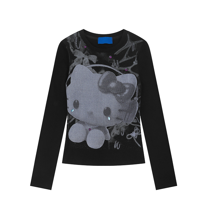 HK Vintage Black Long Sleeve T-Shirt, Y2K Cute Cartoon Kitty Print Short Top for Women Autumn Streetwear 02250821