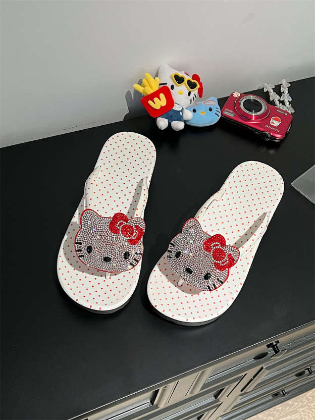 Kung Fu Kitty~ Cute Kitty Cat Flip-Flops for Women Summer New Thick Sole Non-Slip Beach Toe Post Sandals · White Thick Sole Plain 38-39 (Suitable for 37-38)